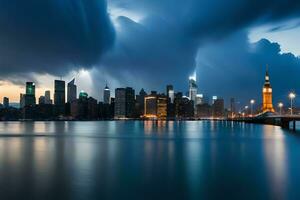 en stad horisont med storm moln över Det. ai-genererad foto