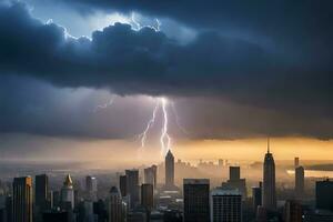 en blixt- bult strejker genom de himmel över en stad. ai-genererad foto