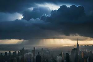 en stormig himmel över ny york stad. ai-genererad foto