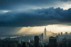 en stad horisont är sett under en mörk moln. ai-genererad foto