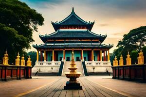ett asiatisk pagod med gyllene pelare i de bakgrund. ai-genererad foto