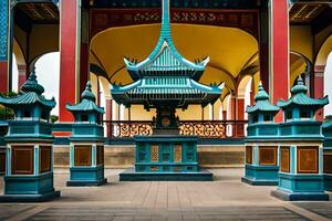 en blå pagod med en grön tak och pelare. ai-genererad foto