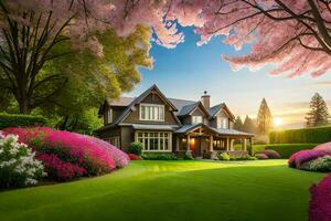 en skön hus omgiven förbi rosa blommor. ai-genererad foto
