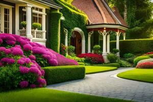 skön trädgård med blommor och buskar i främre av en hus. ai-genererad foto