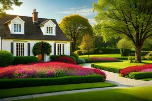 en skön hus med en trädgård och blommor. ai-genererad foto