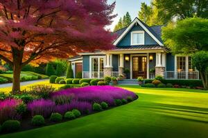 en skön hus med en skön gräsmatta och färgrik träd. ai-genererad foto