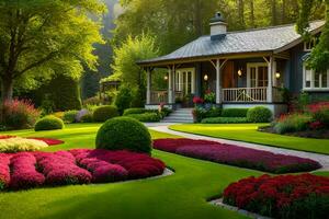 en skön trädgård med färgrik blommor och en hus. ai-genererad foto