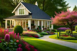 en hus med en trädgård och blommor. ai-genererad foto