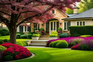 en skön trädgård med färgrik blommor och träd. ai-genererad foto