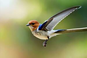 en små fågel är flygande över en gren. ai-genererad foto