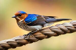 en blå och orange fågel Sammanträde på en rep. ai-genererad foto