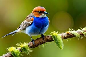 en blå och röd fågel Sammanträde på en gren. ai-genererad foto