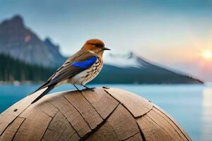 en blå och orange fågel sitter på en trä- logga. ai-genererad foto