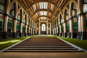 de interiör av en stor byggnad med en lång hall. ai-genererad foto