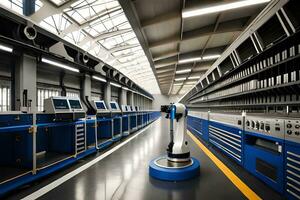 en robot är stående i en fabrik med blå och vit väggar. ai-genererad foto