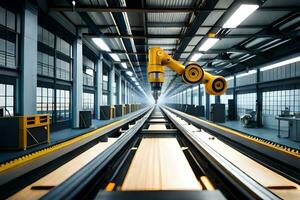 en robot ärm är rör på sig längs en transportband bälte i en fabrik. ai-genererad foto