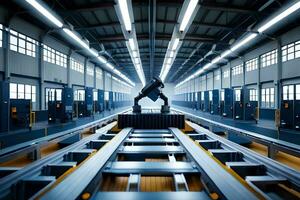 en robot är stående på en transportband bälte i en fabrik. ai-genererad foto