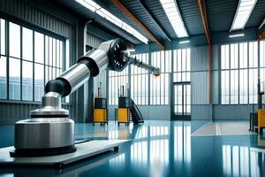 en robot ärm i en stor industriell byggnad. ai-genererad foto