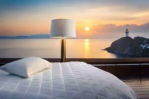 en säng med en lampa på topp av den utsikt de hav. ai-genererad foto