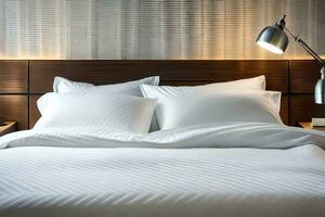 en hotell säng med vit ark och kuddar. ai-genererad foto