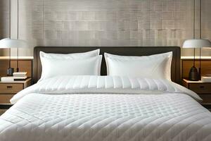 en hotell rum med en vit säng och en nattduksbord. ai-genererad foto