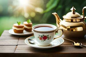 en kopp av te och en kaka på en trä- tabell. ai-genererad foto