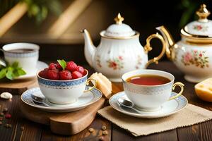 te och jordgubbar på en trä- tabell. ai-genererad foto