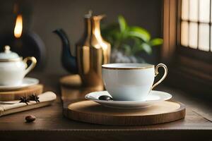 två koppar av kaffe på en trä- tabell. ai-genererad foto