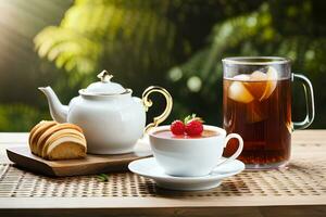 en kopp av te och en kopp av te med jordgubbar. ai-genererad foto