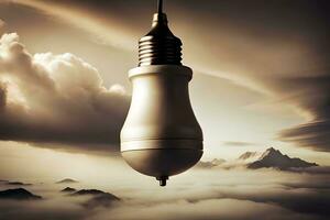 en ljus Glödlampa hängande i de luft över en berg. ai-genererad foto