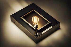 en ljus Glödlampa är i en låda med en ljus Glödlampa. ai-genererad foto
