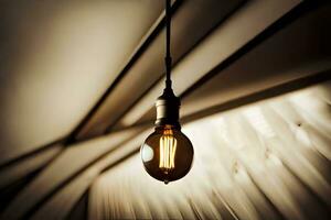 en ljus Glödlampa är hängande från en tak. ai-genererad foto