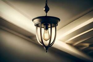 en ljus Glödlampa hängande från en tak. ai-genererad foto
