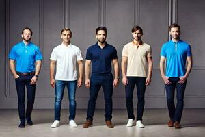 fem män i annorlunda färger av polo skjortor. ai-genererad foto