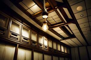 en ljus Glödlampa hänger från de tak av en rum. ai-genererad foto