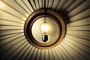 en ljus Glödlampa är hängande från en cirkulär ljus fixtur. ai-genererad foto