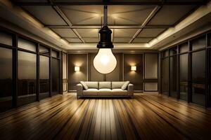 en rum med en soffa och en ljus Glödlampa. ai-genererad foto