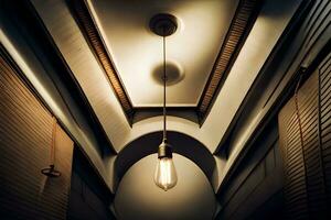 en ljus Glödlampa hänger från de tak i en mörk rum. ai-genererad foto