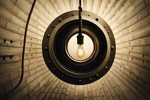 en ljus Glödlampa hängande från en trä- vägg. ai-genererad foto