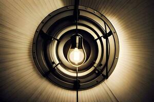 en ljus Glödlampa är hängande från en cirkulär ljus fixtur. ai-genererad foto