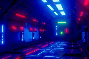 sci-fi grunge korridor bakgrund upplyst med neon lampor 3d framställa foto