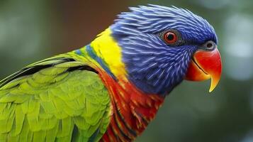 sida se närbild av skön och färgrik lorikeet grön naken fågel. generativ ai foto