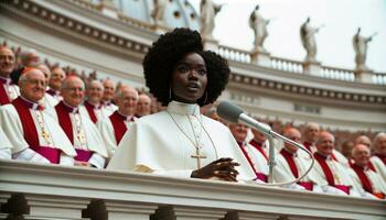 störande feminism svart flicka påve på vatican balkong. generativ ai. foto