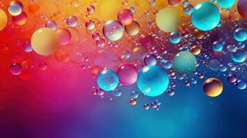 flytande vibrerande tvål bubblor på färgad bakgrund, vatten droppar eller olja bubblor suspenderad under vattnet. abstrakt scen idealisk för bakgrunder, tapeter, presentationer, kopia Plats ai genererad foto
