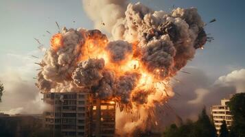 en stor explosion i de stad på en bakgrund av en byggnad ai generativ foto