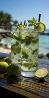 fantastisk Foto av cocktail mojito, en solig sommar strand i de bakgrund. generativ ai