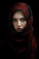porträtt av en skön muslim kvinna i röd hijab på svart bakgrund ai generativ foto