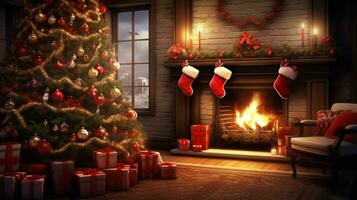 mysigt jul interiör med en lysande träd, öppen spis, och presenterar foto