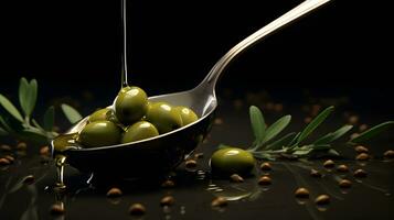 oliv olja häller in i en sked med oliver och löv på svart bakgrund ai generativ foto