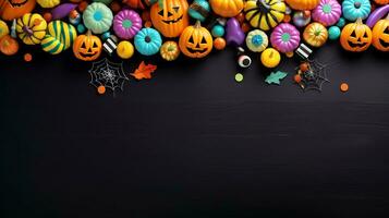 flatlay halloween bakgrund i pastell nyanser, riklig dekorationer, perfekt för kreativ projekt foto